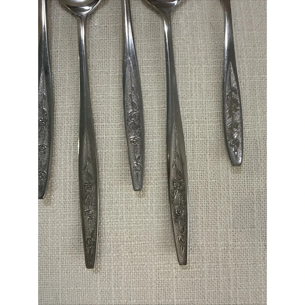 8 Iced Tea Spoons & Butter Knife Custom Craft CUS1 Rose Flower‎ Stainless Taiwan